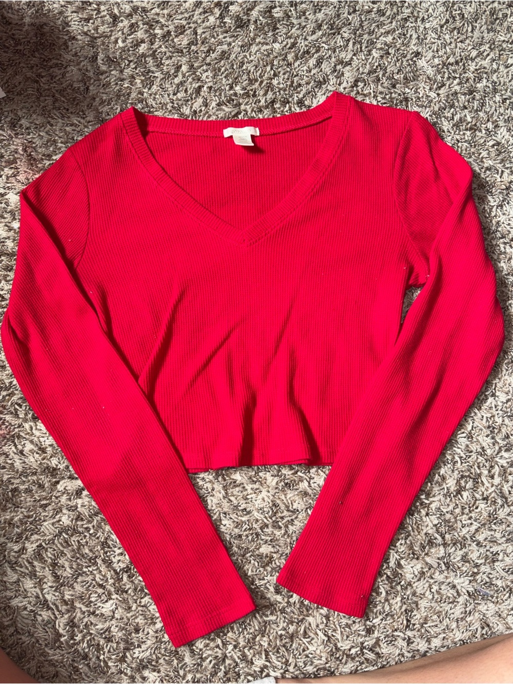 Bozzolo Bright Red Ribbed V-Neck Long Sleeve Crop Top